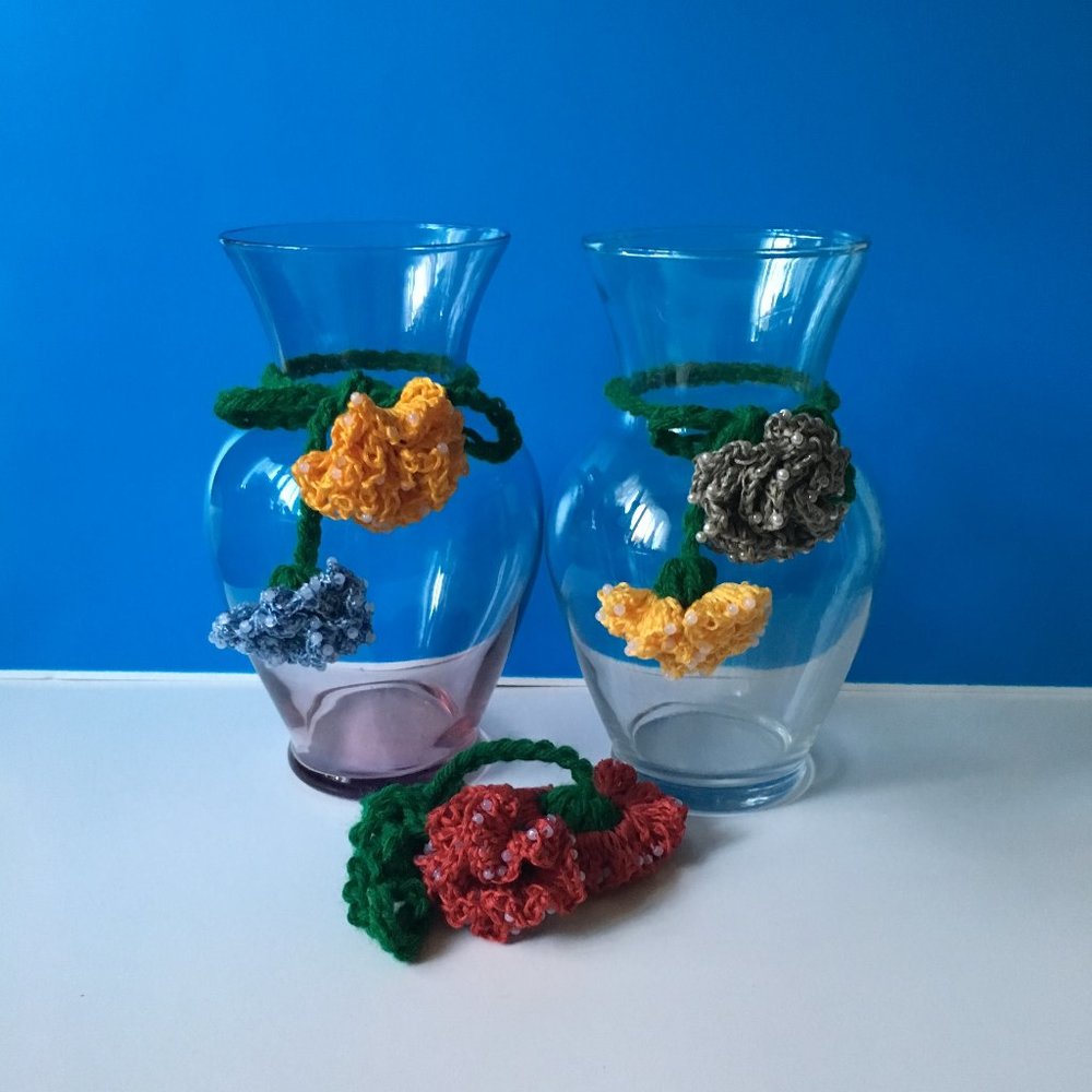 Crochet Beaded Flowers, Handmade Flower Vase Decor, Crochet centerpiece decor